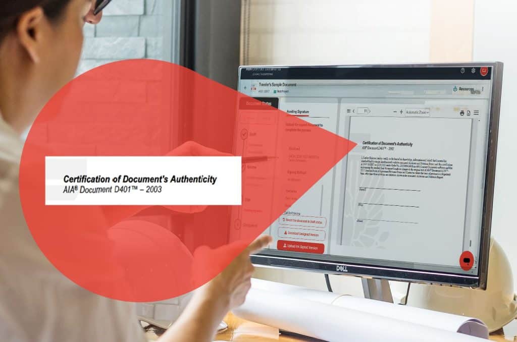 Digital certification of aia contract documents on computer screen.