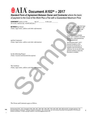 AIA Contract Document A102-2017 for construction agreements.