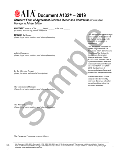 A132-2019 Standard Form of Agreement for Owner-Contractor.