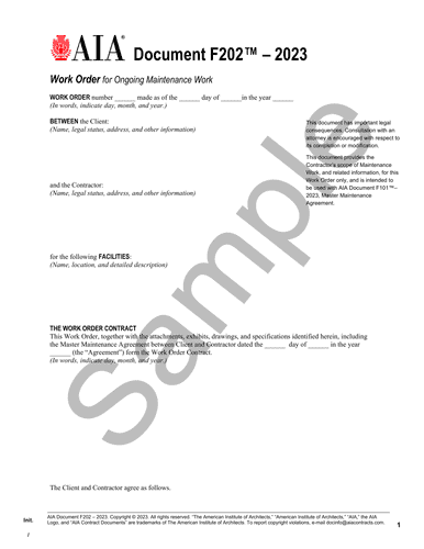 Work order document for ongoing maintenance tasks and repairs in accordance with AIA standards.