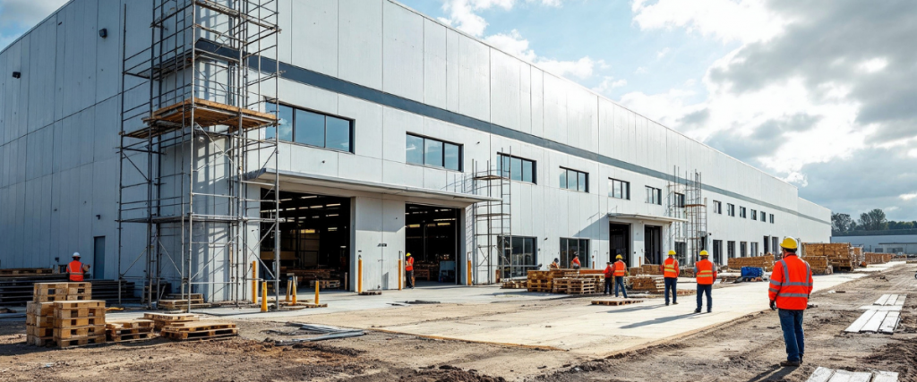A general contractor supervises trades on a building site for a new office space