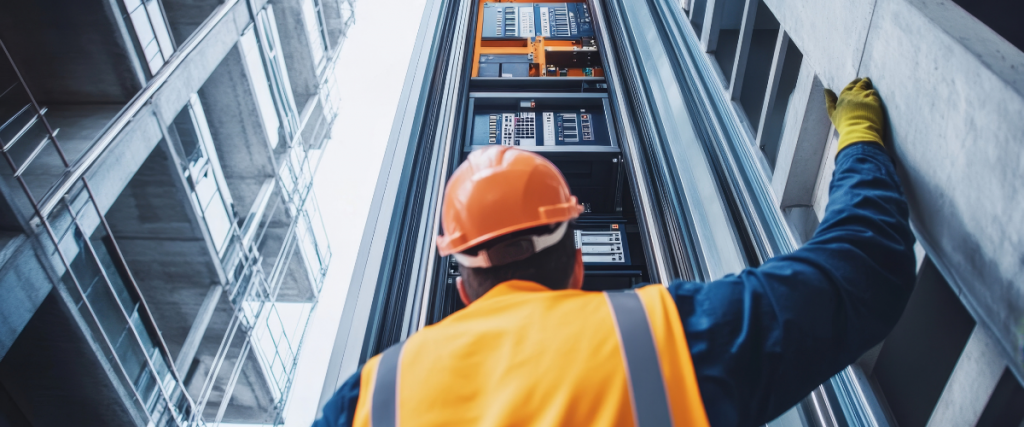 An elevator mechanic installing elevators in a new commercial building