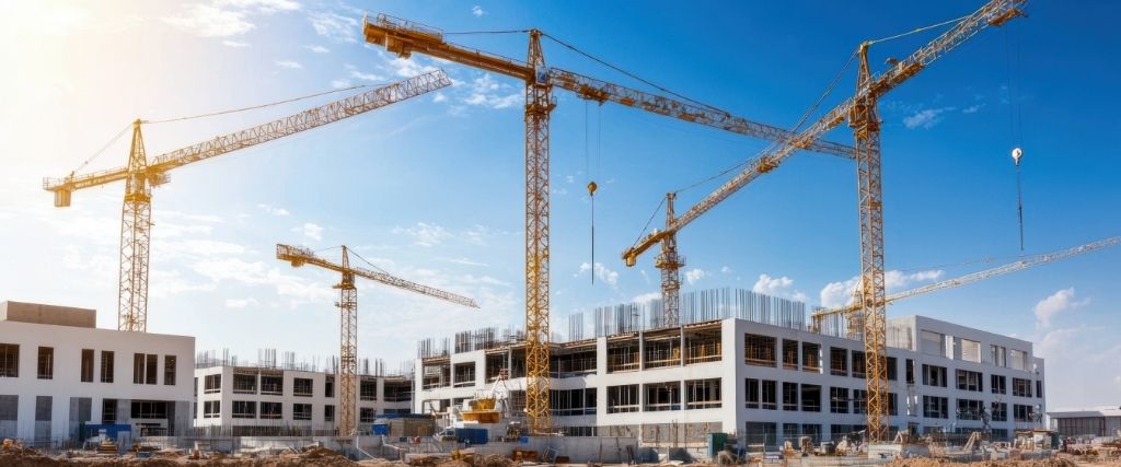 Construction site with financial planning documents and contracts