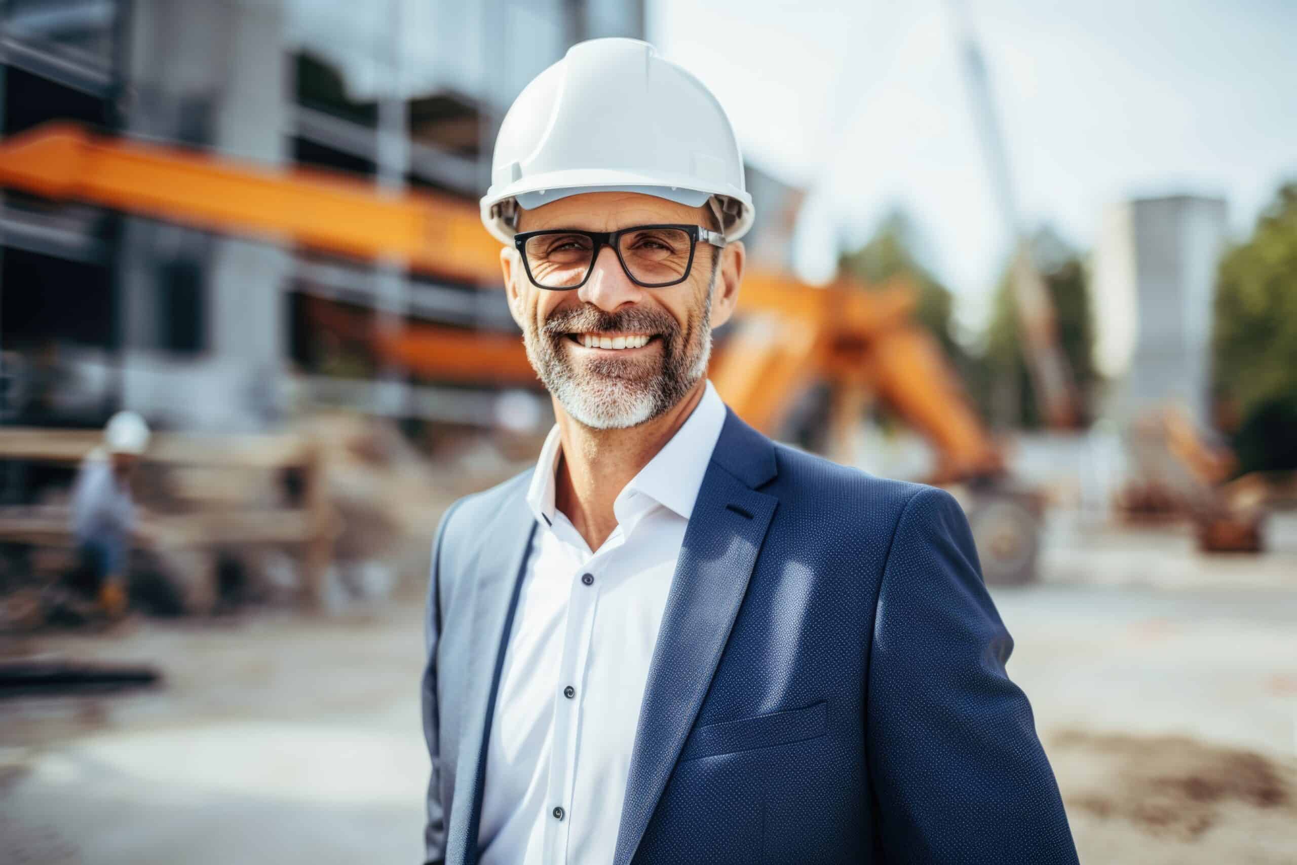 Businessman in hard hat at construction site for acd operations.