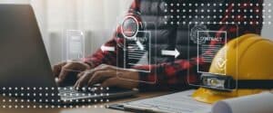 Hands work at a laptop as a document workflow overlay traces the steps of an AI contract review.