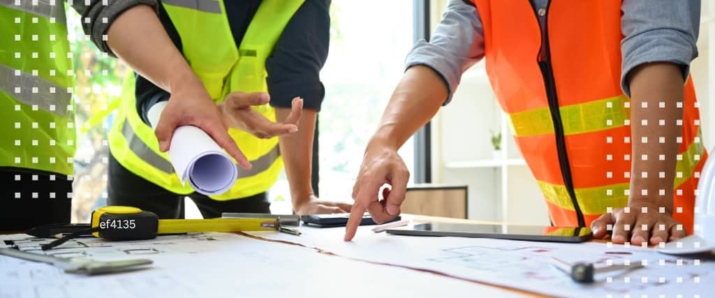 Construction workers reviewing blueprints and plans at a site.