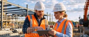 Two workers in hard hats review a tablet on a steel-framed site, coordinating the overlap a fast-track construction contract allows.