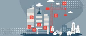 Illustration of a construction site marked with red icons at each stage, the playbook general contractor contracts follow.