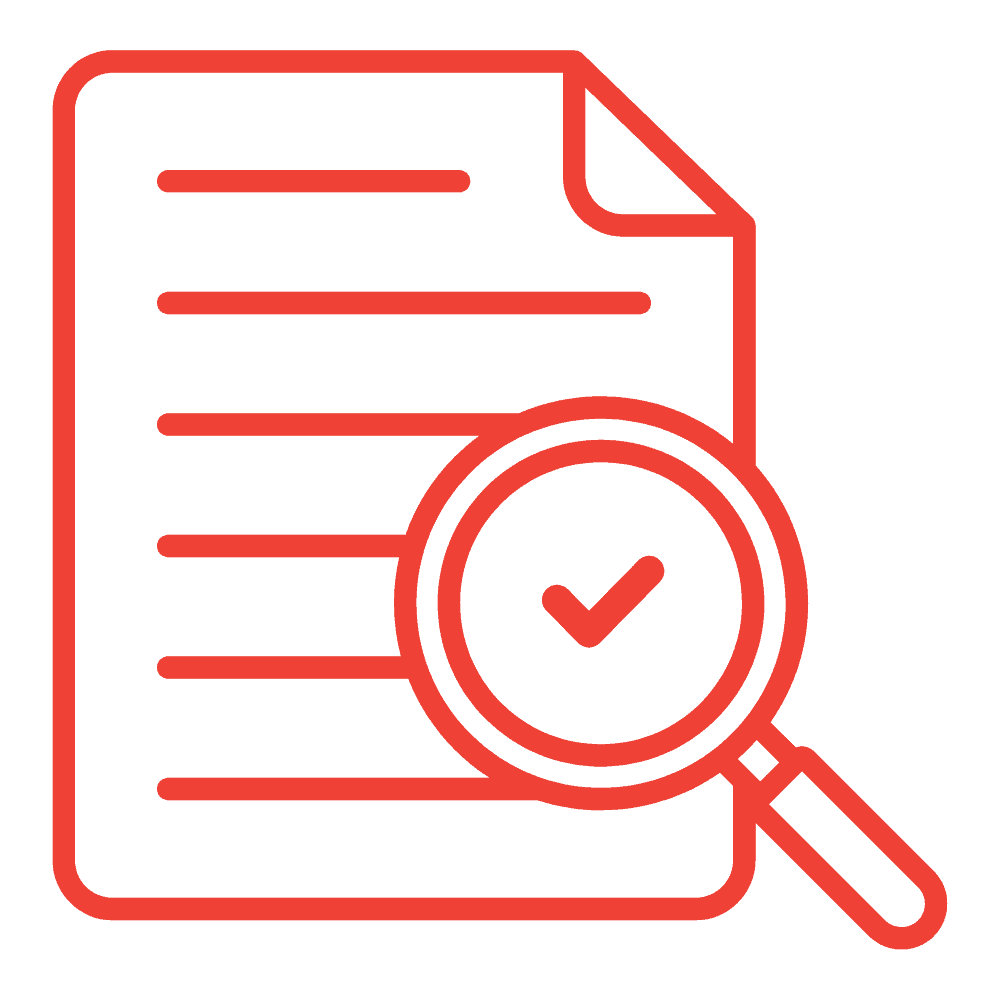 Red document icon with magnifying glass and checkmark for ACD operations.