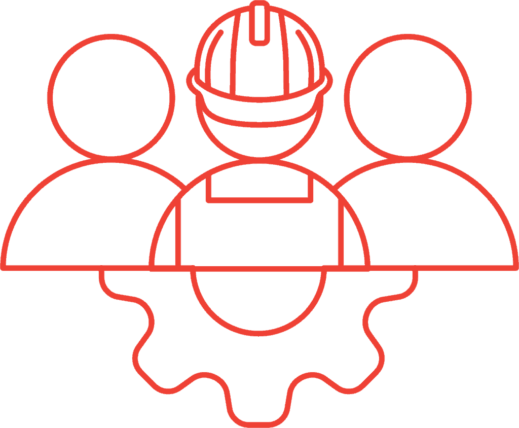 Team of workers with one wearing a safety helmet and gear.