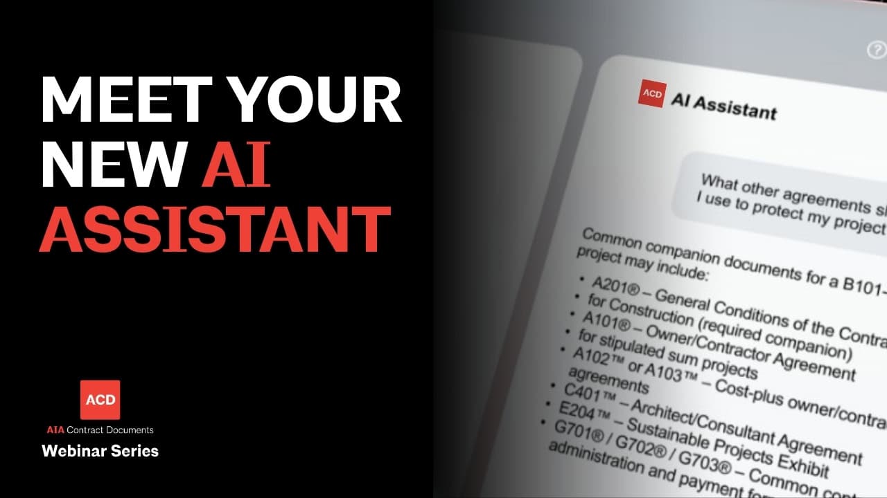 Webinar title card for Meet Your New AI Assistant, showing the ACD AI Assistant suggesting AIA contract documents.